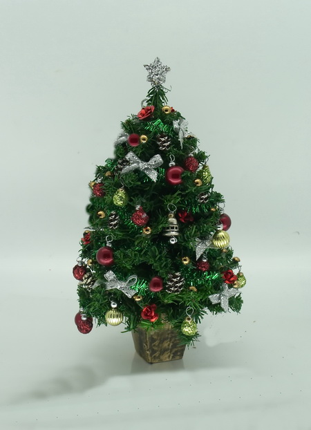 Dollshouse Miniature Red Chartreuse & Silver Bell Christmas Tree